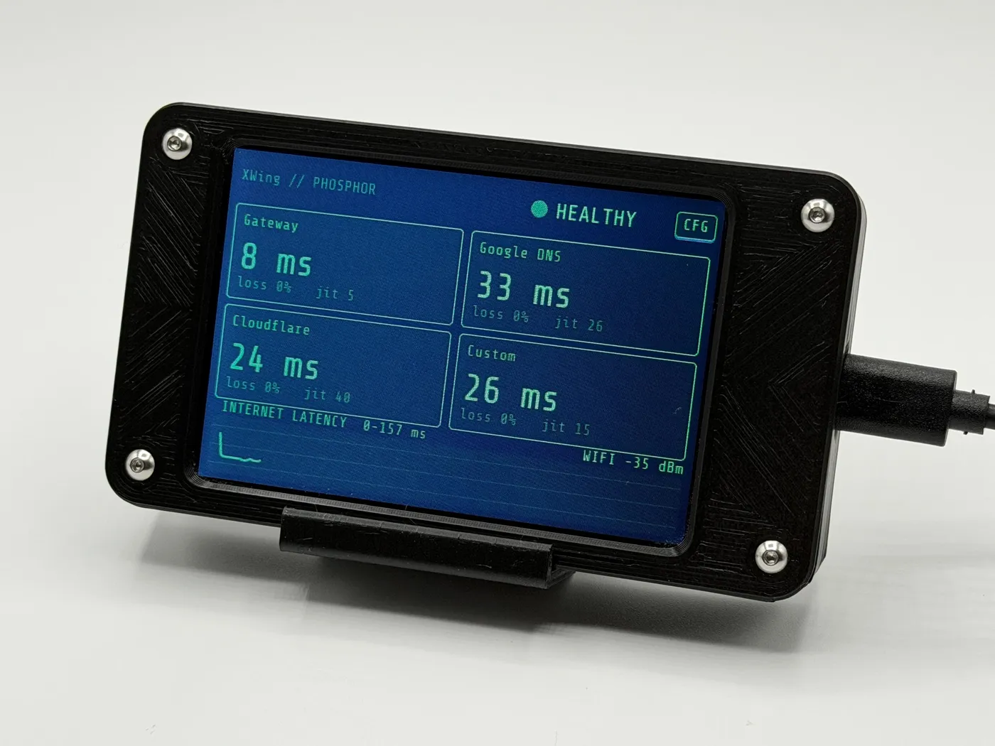 Phosphor network monitor on a desk showing its retro terminal interface