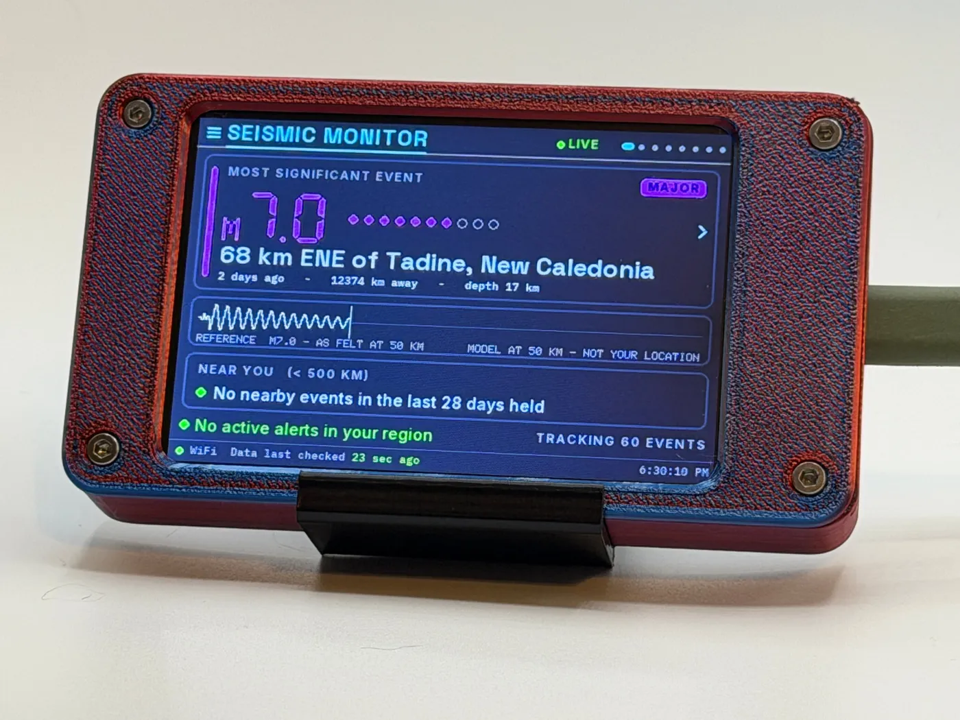 The Seismic Monitor home screen: an M7.0 labeled MAJOR, 68 km ENE of Tadine, New Caledonia, 12,374 km away and 17 km deep, above “No active alerts in your region”