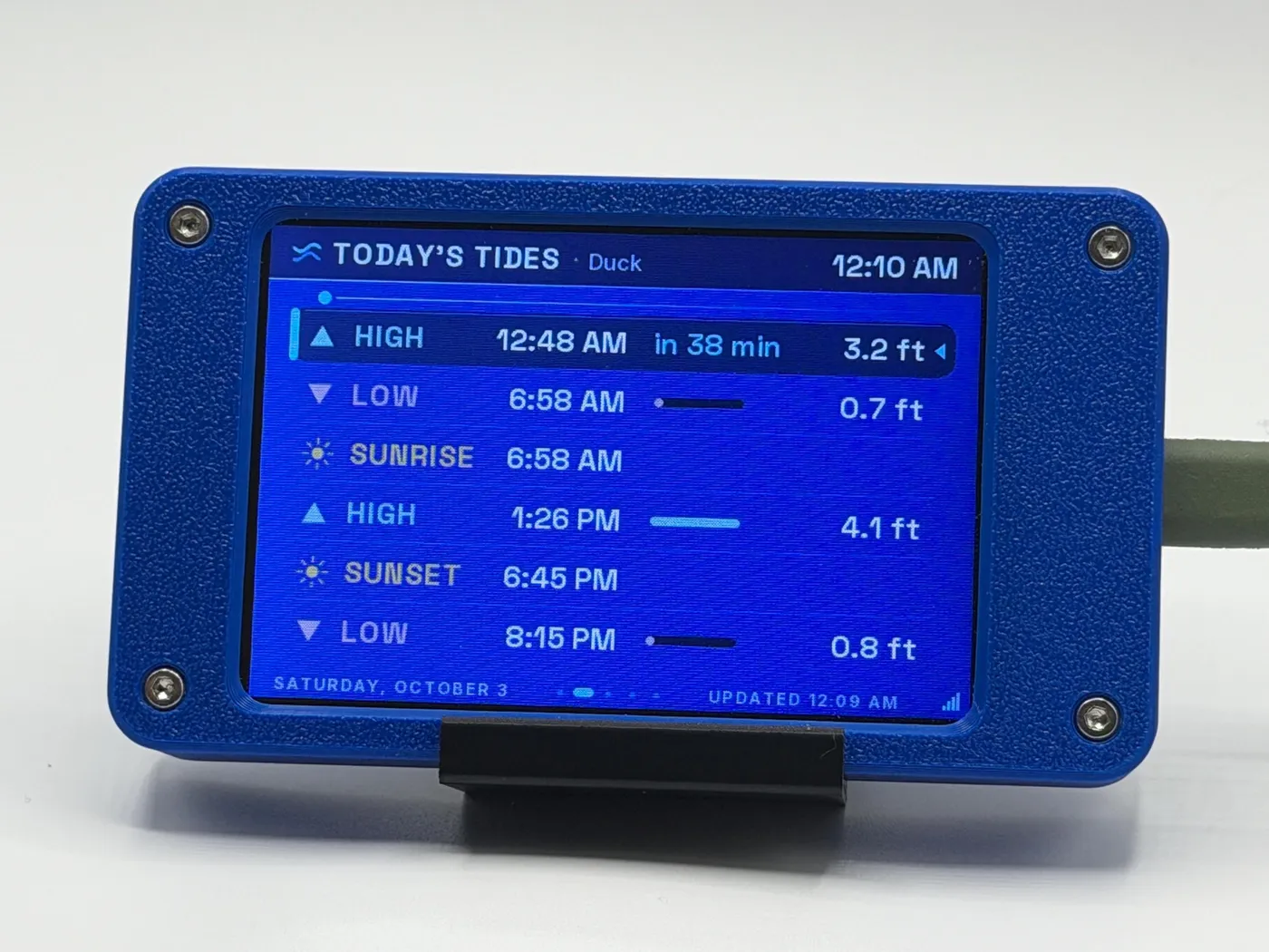 Today’s Tides screen listing the day’s highs, lows, sunrise and sunset with heights