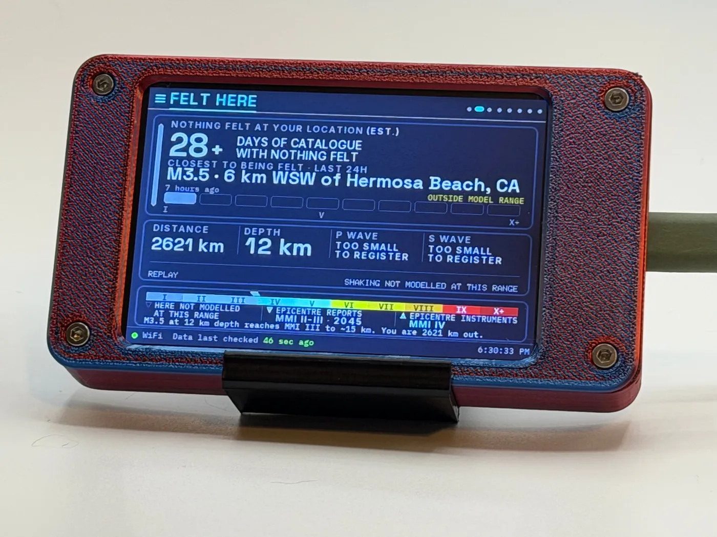 Felt Here on a quiet day: 28+ days of catalogue with nothing felt, and an M3.5 near Hermosa Beach, California, as the quake closest to being felt, marked outside model range