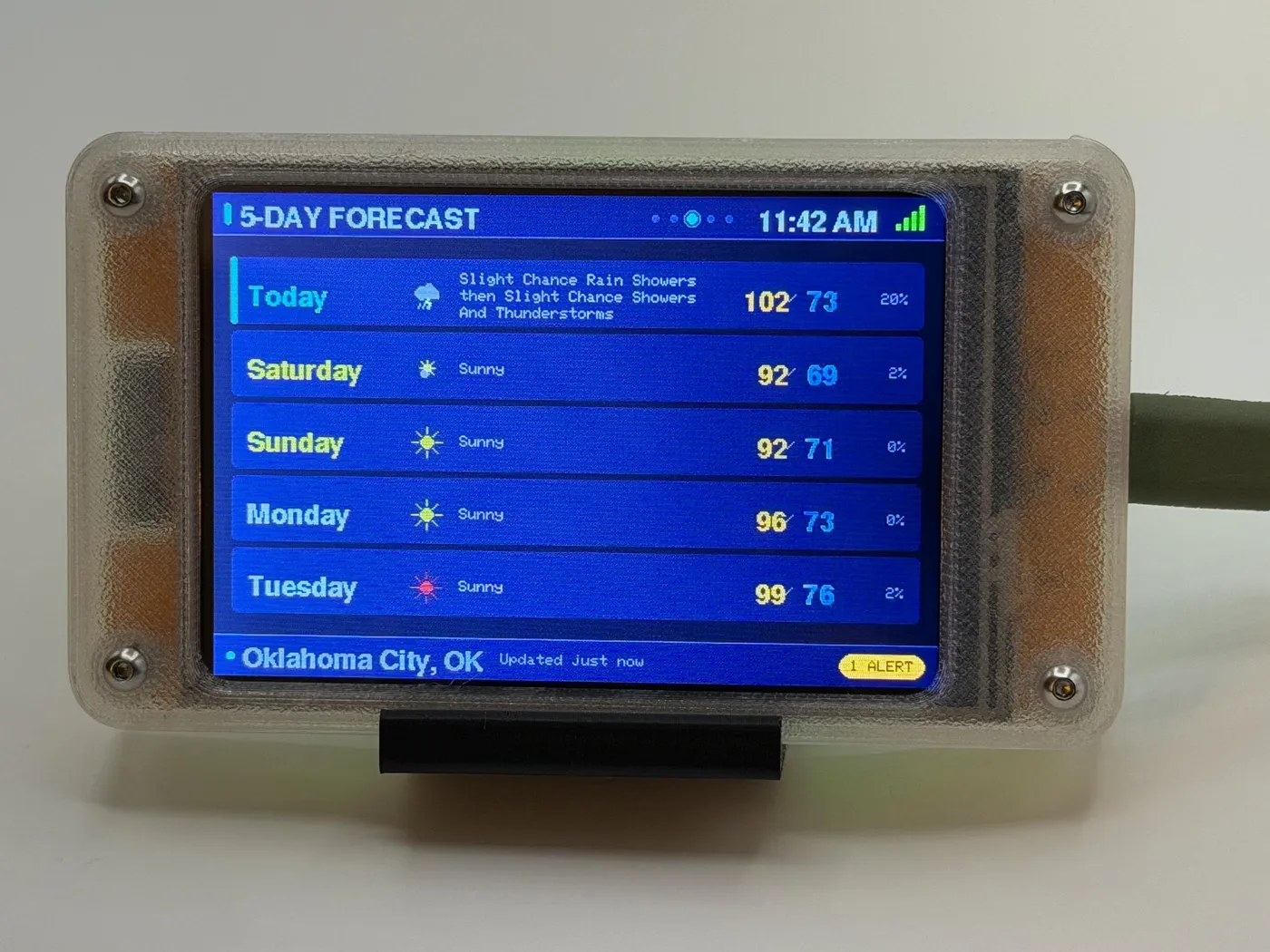 5-day forecast screen with highs, lows, and conditions for the week ahead