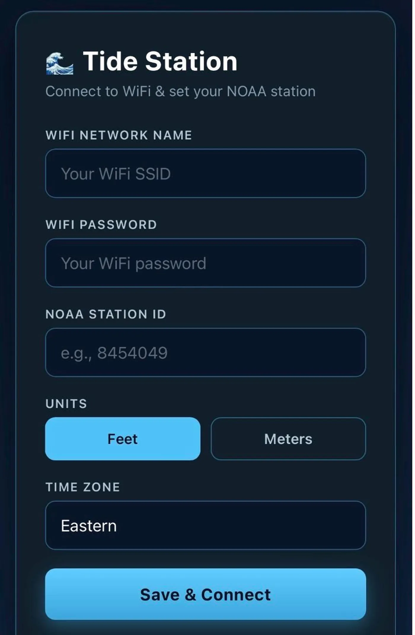 Browser setup page with WiFi, NOAA station ID, units, and timezone fields