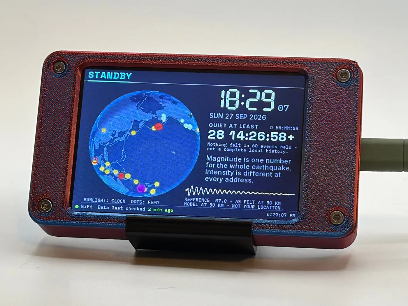 The Standby desk clock with the globe turned to the Pacific, recent quakes tracing the Ring of Fire, beside the fact that magnitude is one number for the whole earthquake while intensity differs at every address