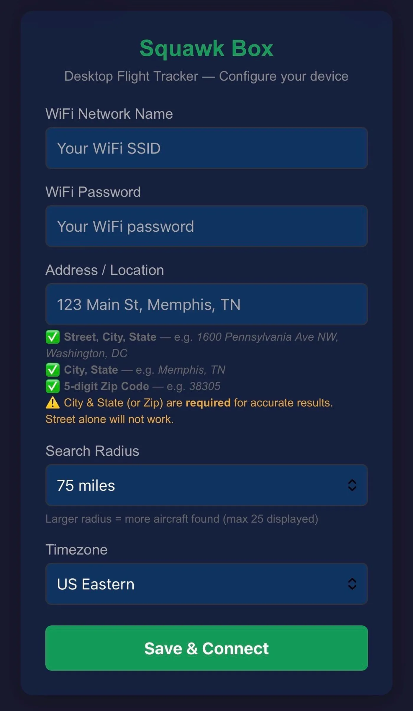 Browser setup portal with WiFi, address, search radius, and timezone fields