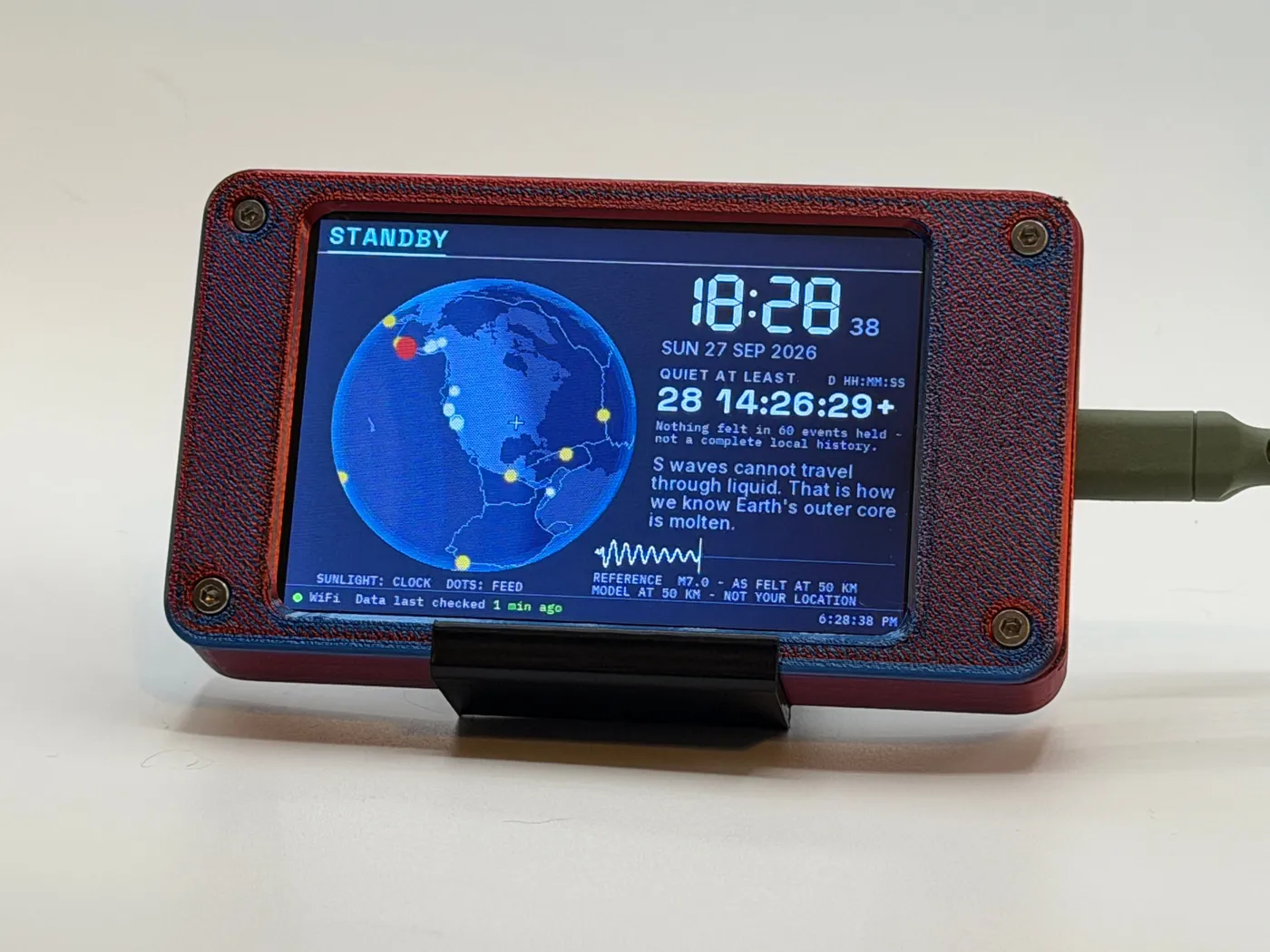 Standby at 18:28 with North America on the sunlit globe, a “quiet at least” counter (nothing felt among the 60 quakes held), and the fact that S waves can’t travel through liquid, which is how we know Earth’s outer core is molten