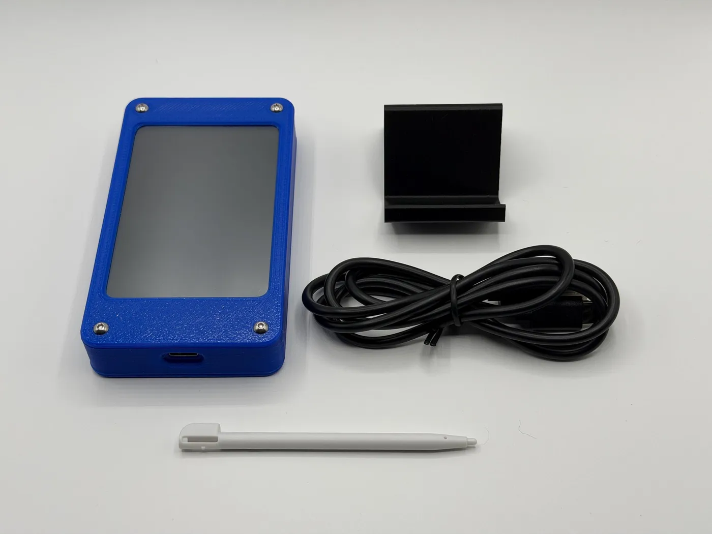 What’s in the box: blue unit, stand, USB-C cable, and stylus