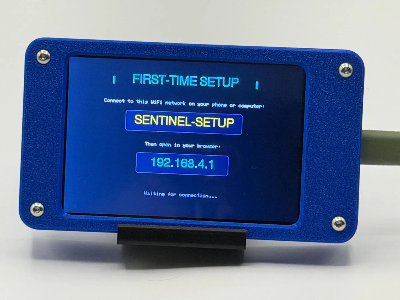 First-time setup screen: join SENTINEL-SETUP WiFi and open 192.168.4.1
