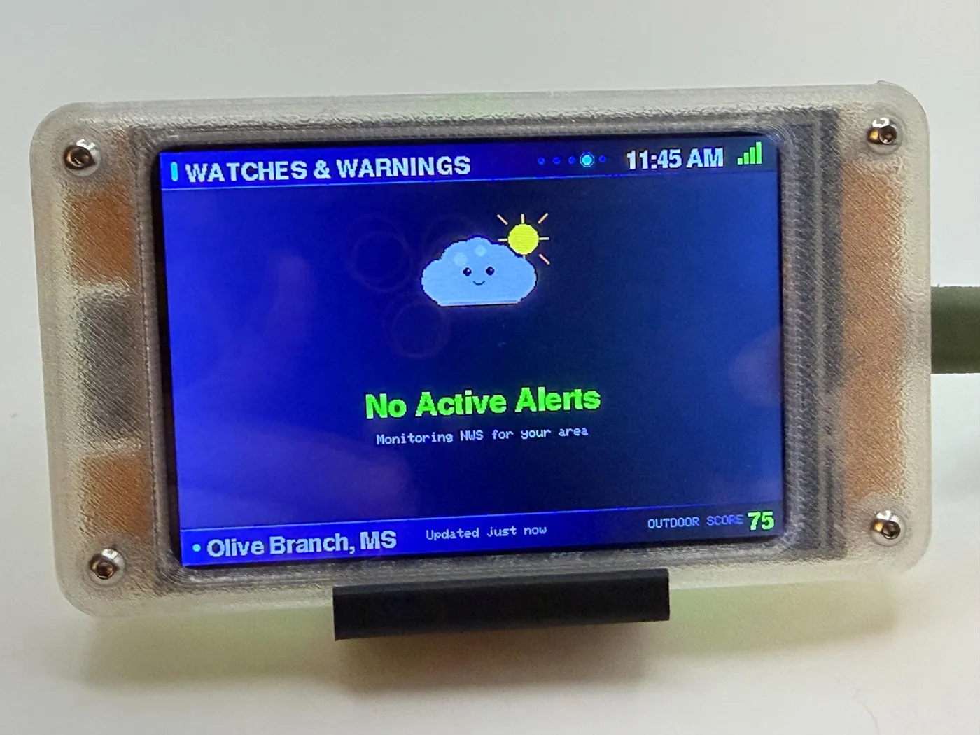 Watches & Warnings screen showing “No Active Alerts” with the smiling storm-cloud mascot