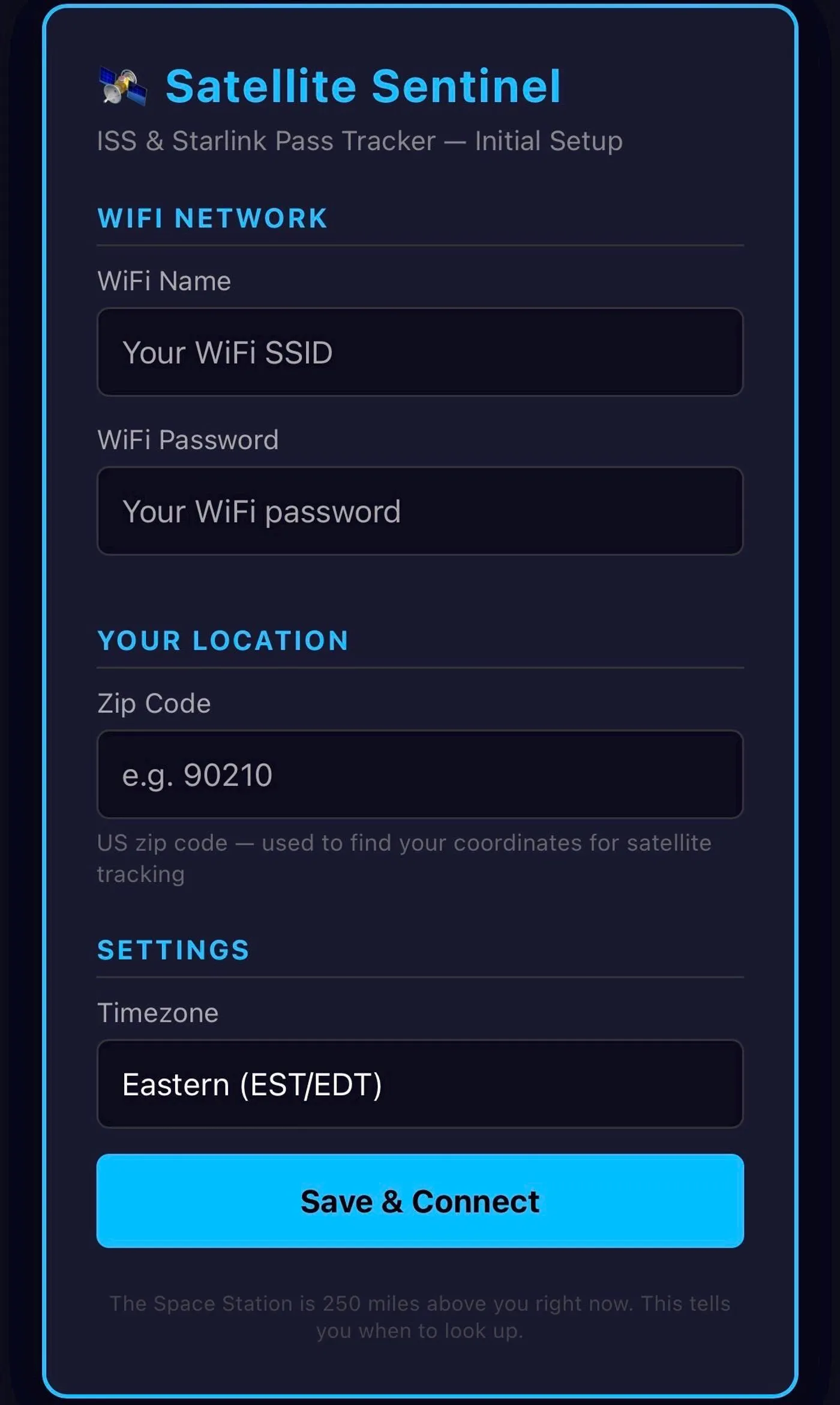 Browser setup page with WiFi, zip code, and timezone fields