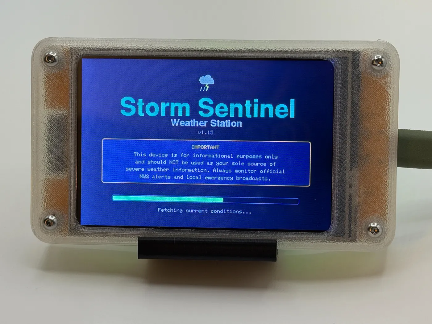 Storm Sentinel boot screen fetching current conditions