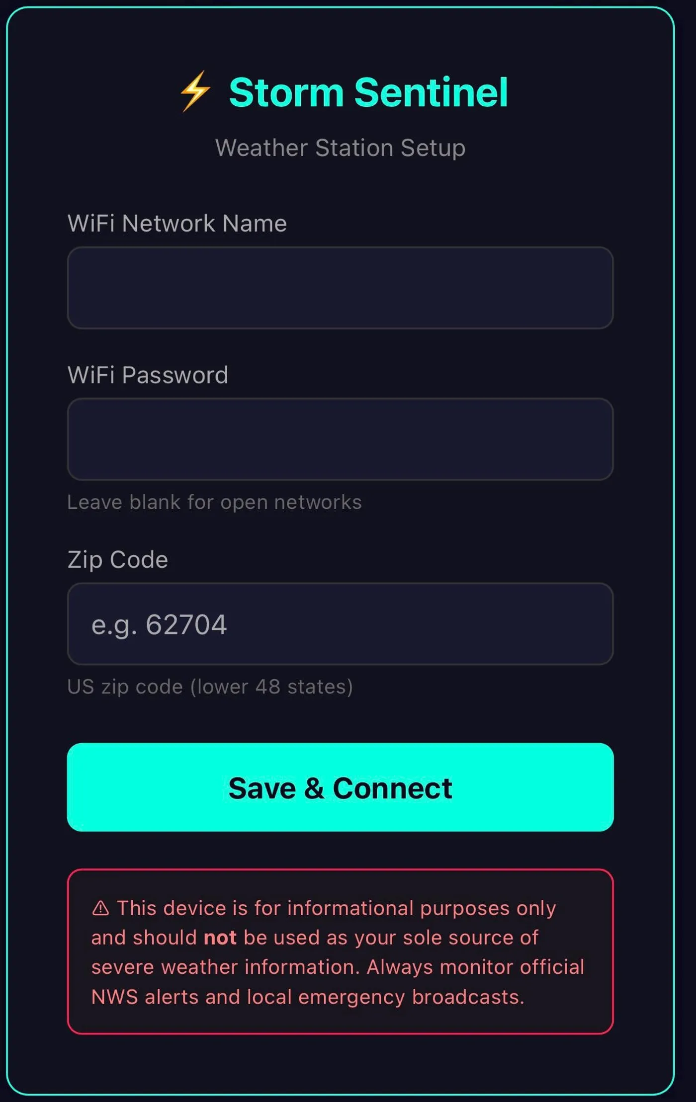 Browser-based setup screen asking for WiFi name, password, and zip code