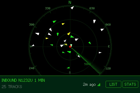 Squawk Box’s radar screen: 25 aircraft tracks on range rings out to 50 miles, with one plane inbound a minute away.