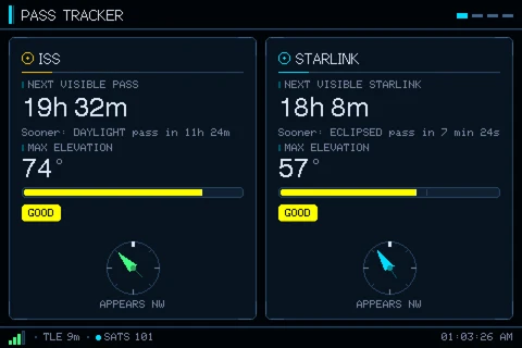 Satellite Sentinel’s Pass Tracker screen: next visible ISS pass in 19 hours 32 minutes, next Starlink pass in 18 hours 8 minutes, both rated Good.